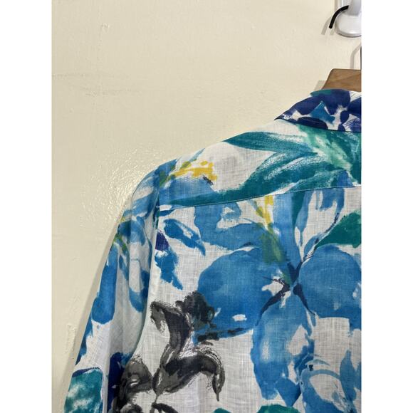 Linen Button Up Floral Blouse M Boho Coastal Resort Maximalist Preppy Office Art - Picture 8 of 12